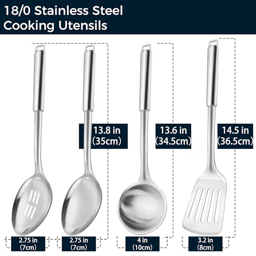 18/0 Stainless Steel Kitchen Cooking Utensil Set, Ergonomic Handle, Dishwasher Safe, Slotted Spoon, Ladle, Turner, Serving Spoon for Housewarming Daily Use Commercial, Pack of 4 - size: Cooking Utensils - 4PCs