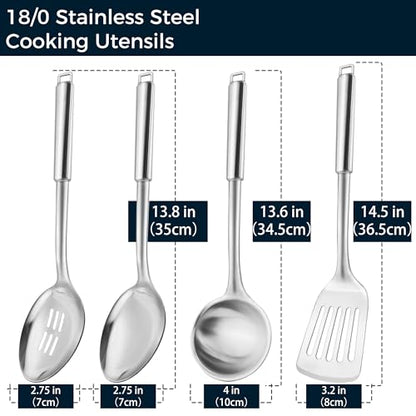 18/0 Stainless Steel Kitchen Cooking Utensil Set, Ergonomic Handle, Dishwasher Safe, Slotted Spoon, Ladle, Turner, Serving Spoon for Housewarming Daily Use Commercial, Pack of 4 - size: Cooking Utensils - 4PCs