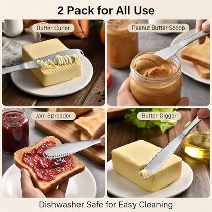 3-in-1 Stainless Steel Butter Spreader Knife, 2 Pcs Serrated Butter Curler & Cheese Cutter for Cold Butter, Multipurpose Kitchen Gadget, Dishwasher Safe