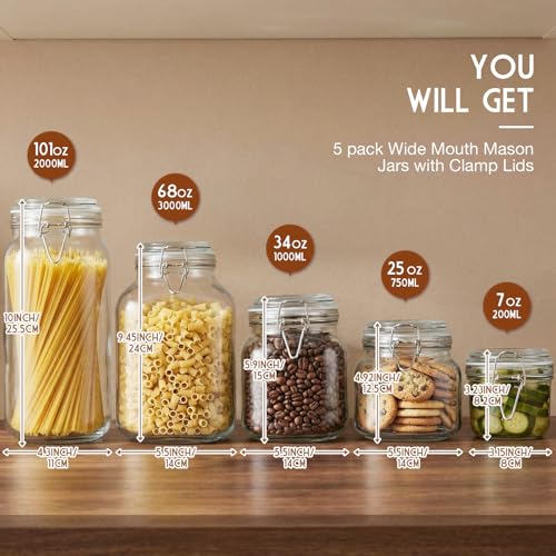 5 Pack Wide Mouth Mason Jars with Clamp Lids, 101oz, 68oz, 34oz, 25oz, and 7oz Glass Jars with Airtight Lids, Kitchen Airtight Food Storage Canister for Pantry Spaghetti, Cereal, Rice, Sugar