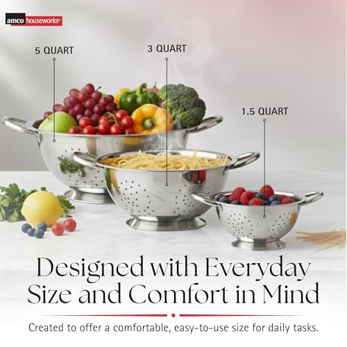 Amco 3-Piece Stainless Steel Colander Set - Silver, Set of 3