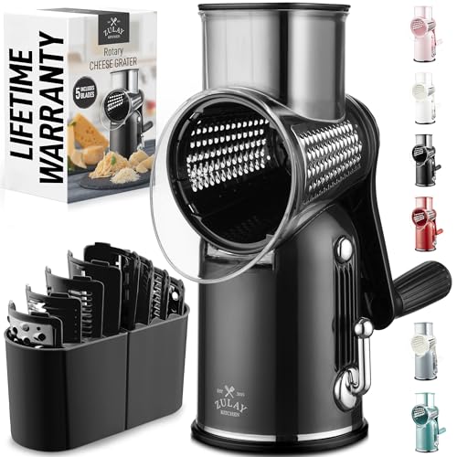 Zulay Kitchen Rotary Cheese Grater 5 Blade Cheese Shredder - Manual Hand Crank Cheese Grater With Reinforced Suction & 5 Interchangeable Drums - Easy to Use, Vegetable Chopper Round Mandoline Slicer - color: Classic | Black