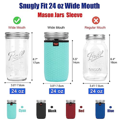 24 oz Wide Mouth Mason Jar Neoprene Sleeve, 24oz Non-slip Cozy Insulated Glass Jars Protector Holder Sleeves 3.0 x 5.5 Inches - 4 Pack (Black/Red/Blue/Cyan) - color: 24 oz Sleeves (3.0 x 5.5 In) - Black/Red/Blue/Cyan