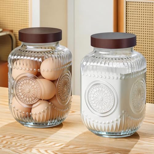 2 Pack 1 Gallon Glass Jar with Lid Wide Mouth,Plastic Free Large Mason Jar with Airtight Screw Lid, Glass storage containers for Cookie, Candy, Kombucha,Sun Tea and fermention (Sun Flower Design)