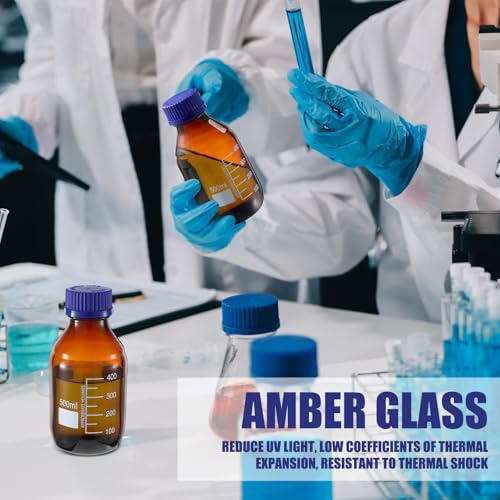 Tellegloww 6 Pieces 500 ml Reagent Media Bottles Amber Glass Graduated Round Lab Reagent Media/storage Bottle with Blue Screw Cap - size: 500 ml
