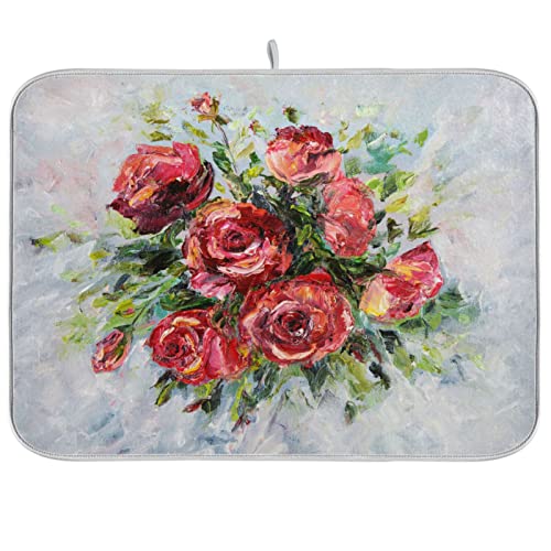 Absorbent Dish Drying Mat for Kitchen Counter - Red Rose Oil Painting Microfiber Drying Pad, Reversible Drainer Mats for Countertop, Small 16" x 18" - color: Red Rose Oil Painting, size: 16x18(in)x1