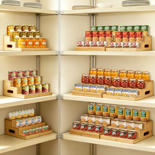 2 Pack Bamboo Expandable Can Rack Organizer for Pantry, Stackable 3 Tier Canned Food Organizers and Storage, Kitchen Cabinet, Food Can Holders Dispensers for Pantry Up To 48 Cans