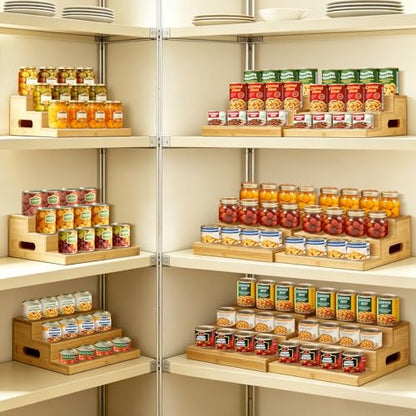 2 Pack Bamboo Expandable Can Rack Organizer for Pantry, Stackable 3 Tier Canned Food Organizers and Storage, Kitchen Cabinet, Food Can Holders Dispensers for Pantry Up To 48 Cans