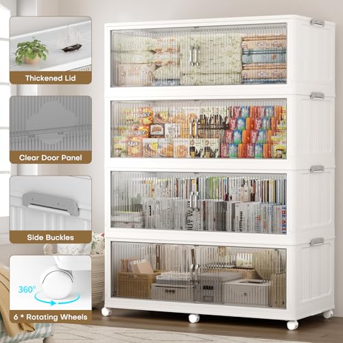 180Gal Extra Large Stackable Storage Bins with Lid (3‑Pack), 720QT Collapsible Organizer with Clear Magnetic Doors & Wheels, Plastic Cabinet for Bedroom, Garage, Dorm, Closet, Kitchen - size: 240QT-3Pack