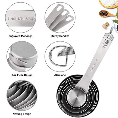 Measuring Cups Set, 18/8 (304) Stainless Steel Measuring Cups Set 9, Metal 8 Measuring Cups with 1 Magnetic Conversion Chart, Metric Measuring Cups with 1/8 & 3/4 Cup for Baking & Kitchen - color: A03: Siliver-Set of 9