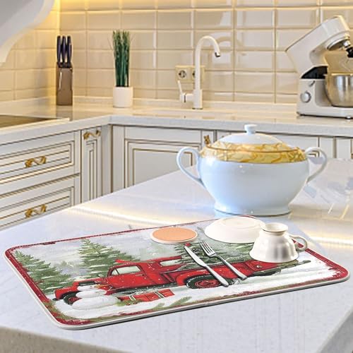 Christmas Red Truck Snowman Dish Drying Mat 18x24 for Kitchen Winter Xmas Tree Snowflake Cardinal Bird Dishes Pad Dish Drainer Rack Mats Absorbent Fast Dry Kitchen Accessories