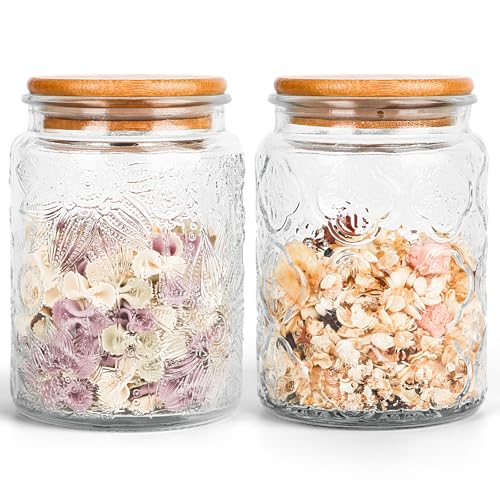 GUEQUITLEX Vintage Glass Jar with Lid, 24oz Food Storage Containers 2 Pack Clear Mason Jars With Airtight Lid for Kitchen Counter,Food Storage, Dry Food, Snacks, Candies, DIY Projects - color: 24oz,2 pcs