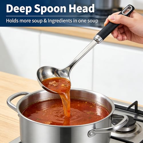Stainless Steel Soup Ladle and Spaghetti Spoon Set, 2Pcs Heat Resistant & Non Slip Rubber Handle Set, Dishwasher Safe, Kitchen Cooking Utensils Set for Soup and Sauce