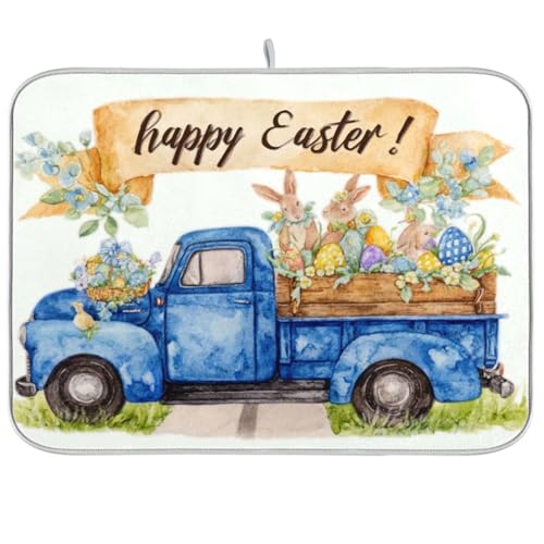 Kcldeci Blue Truck with Easter Bunnies Dish Drying Mat Kitchen Counter Mat Draining Mat Kitchen Accessories Dish Rack Pad for Dishes, Utensils, Countertops, Sinks 18x24in - color: blue truck with easter bunnies, size: 18x24in