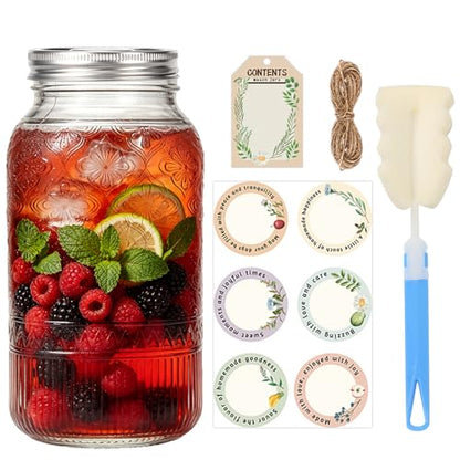 64oz Mason Jars Wide Mouth 1-Pack with 304 Stainless Steel Airtight Lids | Half Gallon Glass Canning Jars, Large Glass Containers for Pantry Storage, Fermenting, Pickling, Cold Brew, DIY Projects - color: Clear-64OZ