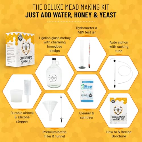 Complete Mead Making Kit for Beginners – Home Brewing Starter Kit – Includes 1 Gallon Glass Jug Carboy - Alcohol Hydrometer for Alcohol Test – Auto Siphon – Airlock – How to Guide and More - color: Standard Deluxe Kit