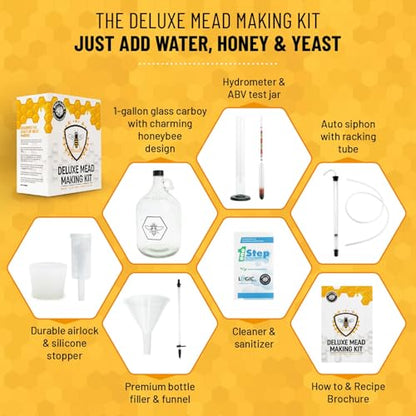 Complete Mead Making Kit for Beginners – Home Brewing Starter Kit – Includes 1 Gallon Glass Jug Carboy - Alcohol Hydrometer for Alcohol Test – Auto Siphon – Airlock – How to Guide and More - color: Standard Deluxe Kit