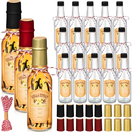 Tioncy 16 Pcs Empty Vanilla Extract Bottles for Homemade Vanilla Jar Glass Bottle with Cap, Shrink Band, Sticker DIY Crafts Wedding Gift Food Storage Canister for Bean(Black, Red, Gold,5 oz) - color: Black, Red, Gold, size: 5 oz