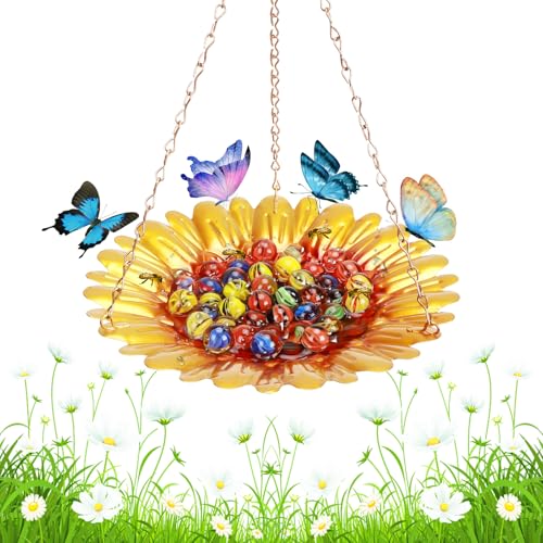 Bee Watering Station,Bee Cups for Garden with Vivid Sun-Flower Design,Multifunctional Hanging Bee Feeder with 40 Glass Beads,Butterfly Feeder,Bird Bath for Garden Yard Decor