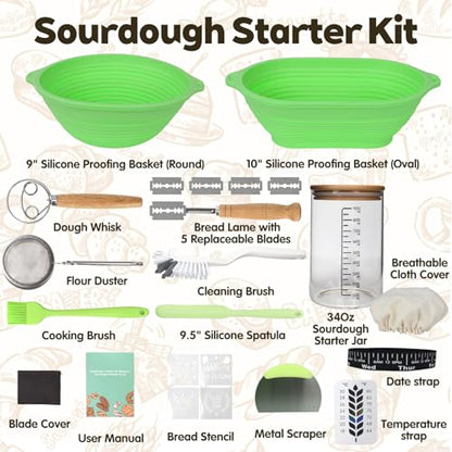 Sourdough Starter Kit,Sourdough Bread Baking Supplies(Green),10 Inch Oval & 9 Inch Round Banneton Bread Proofing Basket Set with Sourdough Starter Jar,Sourdough Kit Gifts for Baking Lovers