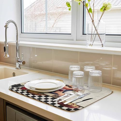 Dish Drying Mat for Kitchen Counter, Smiling Chef Cheese Wine Absorbent Dish Mats Foldable Microfiber Drainer Pad 1PCS 18"x16", Retro Kitchen Art Plate Holder Mat for Countertop Sink Decor - size: 1PCS-16x18in