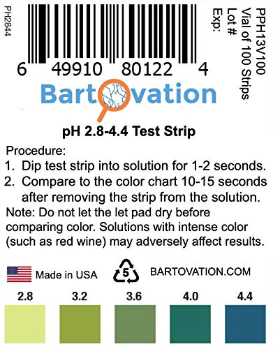 Bartovation 2.8 to 4.4 pH Test Strips, 100-Pack | Acidity Test Strips for White Wine Making, Homebrew, salsa, kefir, fermentation, made in USA