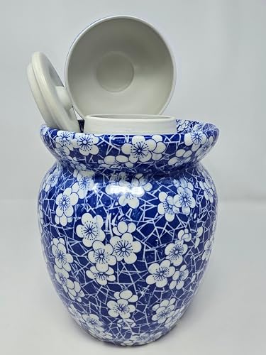 Porcelain Pickling Jar with 2 Lids Fermenting Pickling Kimchi Crock Food Storage Blue Cherry Blossom (12 IN) - size: 12 IN