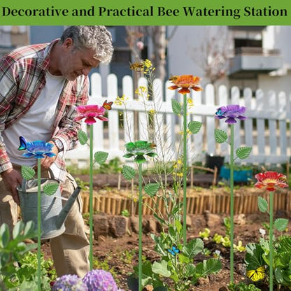 2 Pack Bee Watering Station - Flowers Butterfly Feeder, Bee Water Feeders for Outside, Metal Garden Decor, Bee Baths for Garden Yard Patio (Blue,Yellow) - size: New-flower 2-Pack