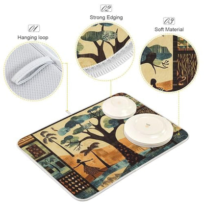 African Tree Figure Dish Drying Mat for Kitchen Counter Super Absorbent Draining Mat with Non-slip Backed Dish Rack Pad for Countertops Sinks Draining Racks Dish Bottles Cups Bowl