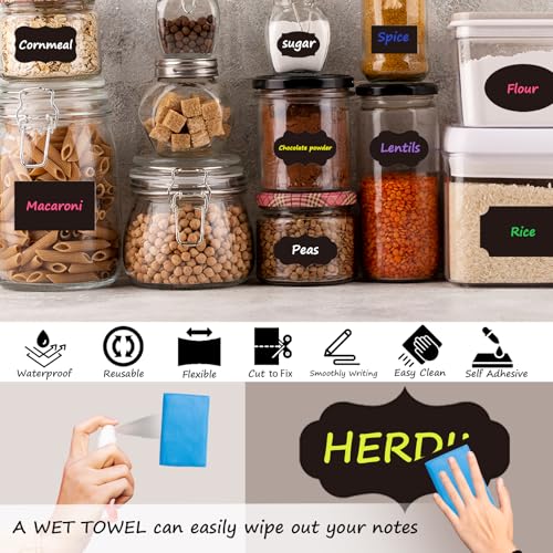 HERDIN Round Chalkboard Label Stickers, 120-Pc Set with 7 Markers | 120 Labels, 7 Markers, Round Shape, 5 x 5 cm, Waterproof Writing Surface, Pantry Jars, Food Containers, Storage Bins