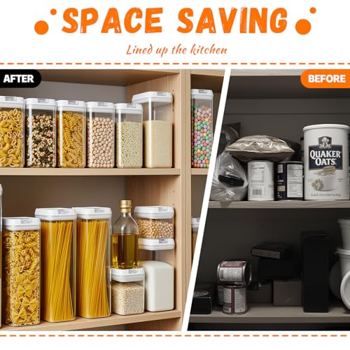 Clear Airtight Food Storage Containers, 7-Piece Set | BPA-free plastic kitchen pantry organization canisters. Stackable design ideal for cereal, spaghetti, and pasta storage.
