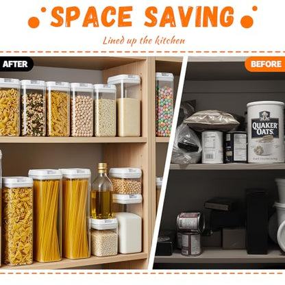 Clear Airtight Food Storage Containers, 7-Piece Set | BPA-free plastic kitchen pantry organization canisters. Stackable design ideal for cereal, spaghetti, and pasta storage.