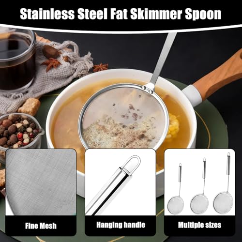 3 Pack Fat Skimmer Spoon Multi-Functional Stainless Steel Hot Pot Fat Strainer with Fine Mesh (4”, 4.7”, 5.5”) Long Handle for Frying, Soup, Quinoa, Miso - size: 3 Pack