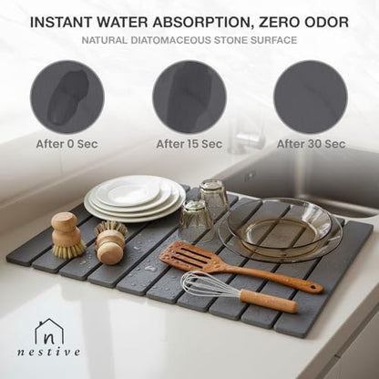 Large Stone Drying Mat for Kitchen Counter | 24"x16" | Fast Drying Collapsible Diatomaceous-Earth Mat | Super Absorbent Folding Mat for Dishes, Bottles, Glass, Heat-Resistant, Non-Slip (Dark Gray) - color: Dark Gray