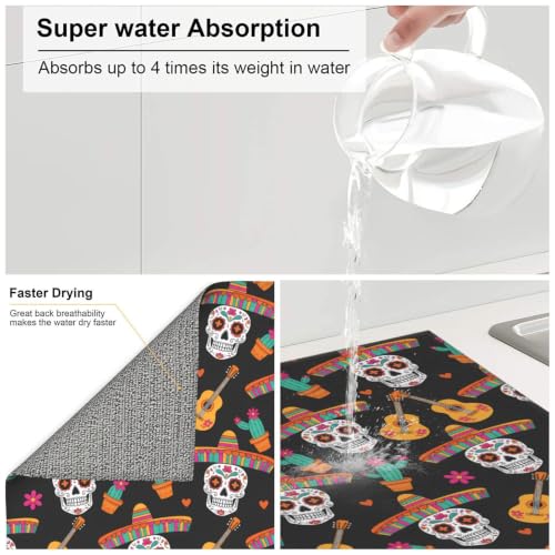 Sugar Skulls Guitars Cacti Dish Drying Mats for Kitchen Counter, Super Absorbent Microfiber Drainer Pad, Washable Reversible Appliance Protector, Everyday Kitchen Must-Have, 16x18 Inch - color: Sugar Skulls Guitars Cacti