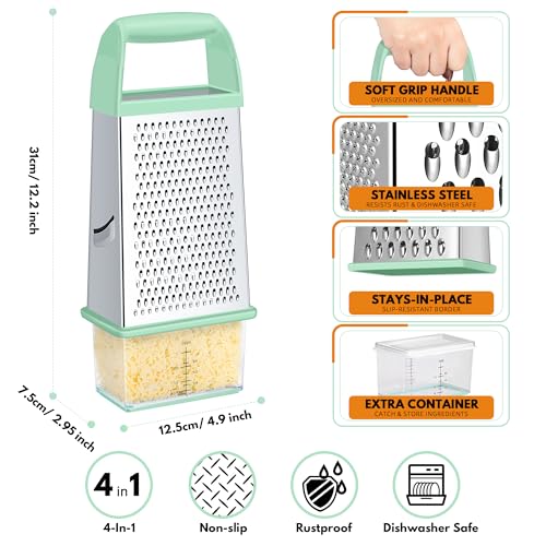 Urbanstrive Cheese Grater With Container, Professional Cheese Grater with Handle, Stainless Steel Graters for Kitchen Handheld, Box Grater with 4 Sides for Vegetables, Ginger, Potatoes (Mint Green) - color: Mint Green