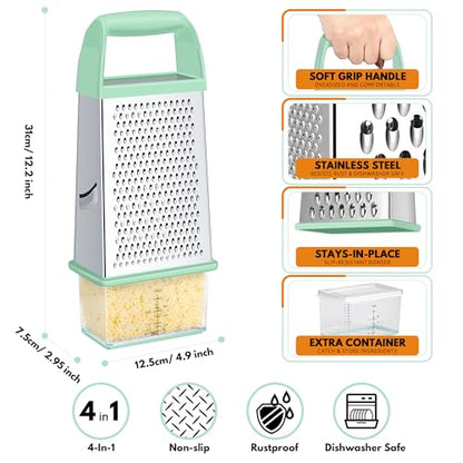 Urbanstrive Cheese Grater With Container, Professional Cheese Grater with Handle, Stainless Steel Graters for Kitchen Handheld, Box Grater with 4 Sides for Vegetables, Ginger, Potatoes (Mint Green) - color: Mint Green