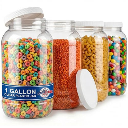 1 Gallon Large Plastic Jars with Lids (4 Pack) - Food Safe & Air Tight - Large Clear Plastic Jars with Lids - Wide Mouth Food Storage Containers - Kitchen & Pantry Organization by Billy Buckskin - size: 4 Pack