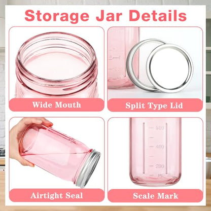 CARBLIN 2 Pack Mason Jars 32 oz, Wide Mouth Canning Jars with Airtight Lids, Glass Pint Jars with Bands Labels Brush, Large Storage Quart Jars for Jam Fermenting Preserving - Pink - color: Pink