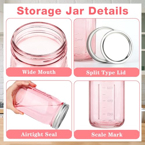 CARBLIN 4 Pack Mason Jars 32 oz, Wide Mouth Canning Jars with Airtight Lids, Glass Pint Jars with Bands Labels Brush, Large Storage Quart Jars for Jam Fermenting Preserving - Pink - color: Pink