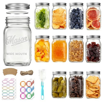 Mason Jars 32 oz,12 Pack Large Wide Mouth Mason Jar with Airtight Lids and Bands|Quart Glass Canning Jars for Pickling, Fermenting and Food Storage Microwave&Dishwasher Safe (12pack) - size: 12pack