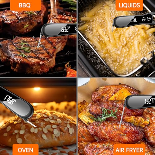 Meat Thermometer Digital 1 Second Instant Read Food Thermometer for Cooking Grilling, Candy, Fry, BBQ, Turkey, IP67 Waterproof 180° Folding Probe Large Backlit Display Thermometer