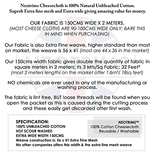 Muslin Cheese Cloth for Straining, Cheese Making,Baking. Ultra Fine Mesh Density,Extra Wide 150cms Width x 2 Meters. Reusable Sustainable 100% Cotton,Unbleached. 2mts - size: 2 meters