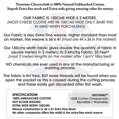 Muslin Cheese Cloth for Straining, Cheese Making,Baking. Ultra Fine Mesh Density,Extra Wide 150cms Width x 2 Meters. Reusable Sustainable 100% Cotton,Unbleached. 2mts - size: 2 meters