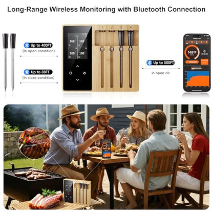 Newise 4 Probes Wireless Meat Thermometer, Bluetooth Digital Food Thermometer for BBQ, Grill, Oven, Smoker, Long Range and Rechargeable Base with Real-time Alerts - style: 4 Probes