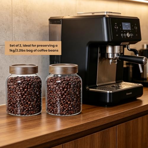 2PCS Large Glass Jar with Airtight Screw on Wood Lid, 50 Fl oz/1500 ml Clear Glass Canister for 1.1LB Coffee Beans, Food Storage Containers Pantry Jars for Rice,Flour,Pasta,Sugar,Cookies, Spice,Cereal - size: 2*1500ml