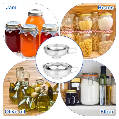 8pcs Food Canning Funnels Set for Wide Mouth & Regular Mason Jars, 3 Stainless Steel Funnels 2 Metal Strainer Mesh 1 Anti-Scalding Tongs 2 Brushes Supplies Kit for Kitchen Use Filling Bottle Jam