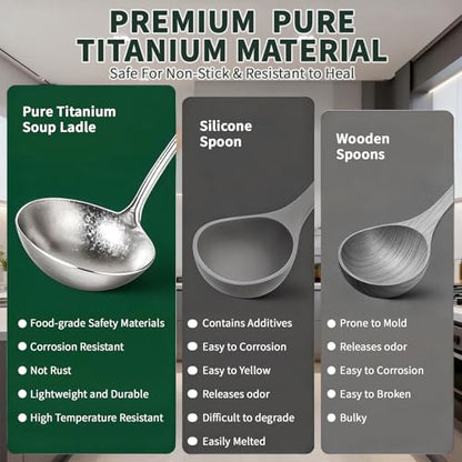 Newness Soup Ladle, [Rustproof, Heat Resistance] Resilient Pure Titanium Soup Spoon with Long Ergonomic Natural Wooden Round Handle, Non-Toxic Cooking Spoon for Kitchen, 14.56 Inches - color: Silver + Wood
