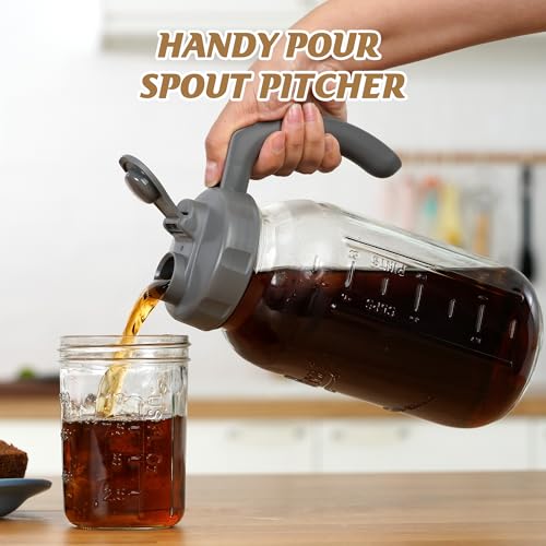 Soligt Glass Mason Jar Pitcher with Lid, Wide Mouth Flip Cap Pour Spout Leak-proof Lid with Handle, 64 oz/2 Quart, for Iced Coffee/Sun Tea Juice/Cold Brew/Milk (2 Pack, Dark Gray + Light Gray) - color: Dark Gray and Light Gray