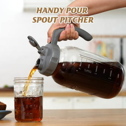 Soligt Glass Mason Jar Pitcher with Lid, Wide Mouth Flip Cap Pour Spout Leak-proof Lid with Handle, 64 oz (2 Quart / 1.9 Liter), for Iced Coffee/Sun Tea Juice/Cold Brew/Milk (1 Pack, Dark Gray) - color: Dark Gray